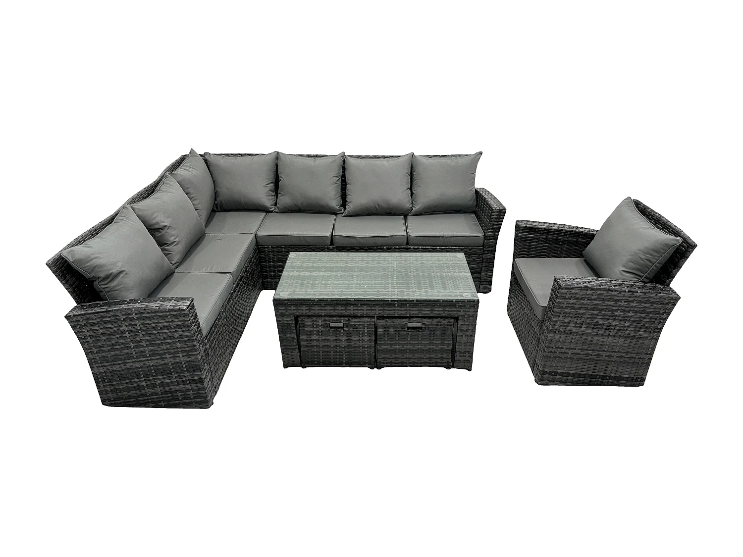 Fimous 9 Seat Rattan Garden Furniture Corner Sofa Set Outdoor Patio Sofa Chair Table Set with 2 Small Footstools Dark Grey Mixed