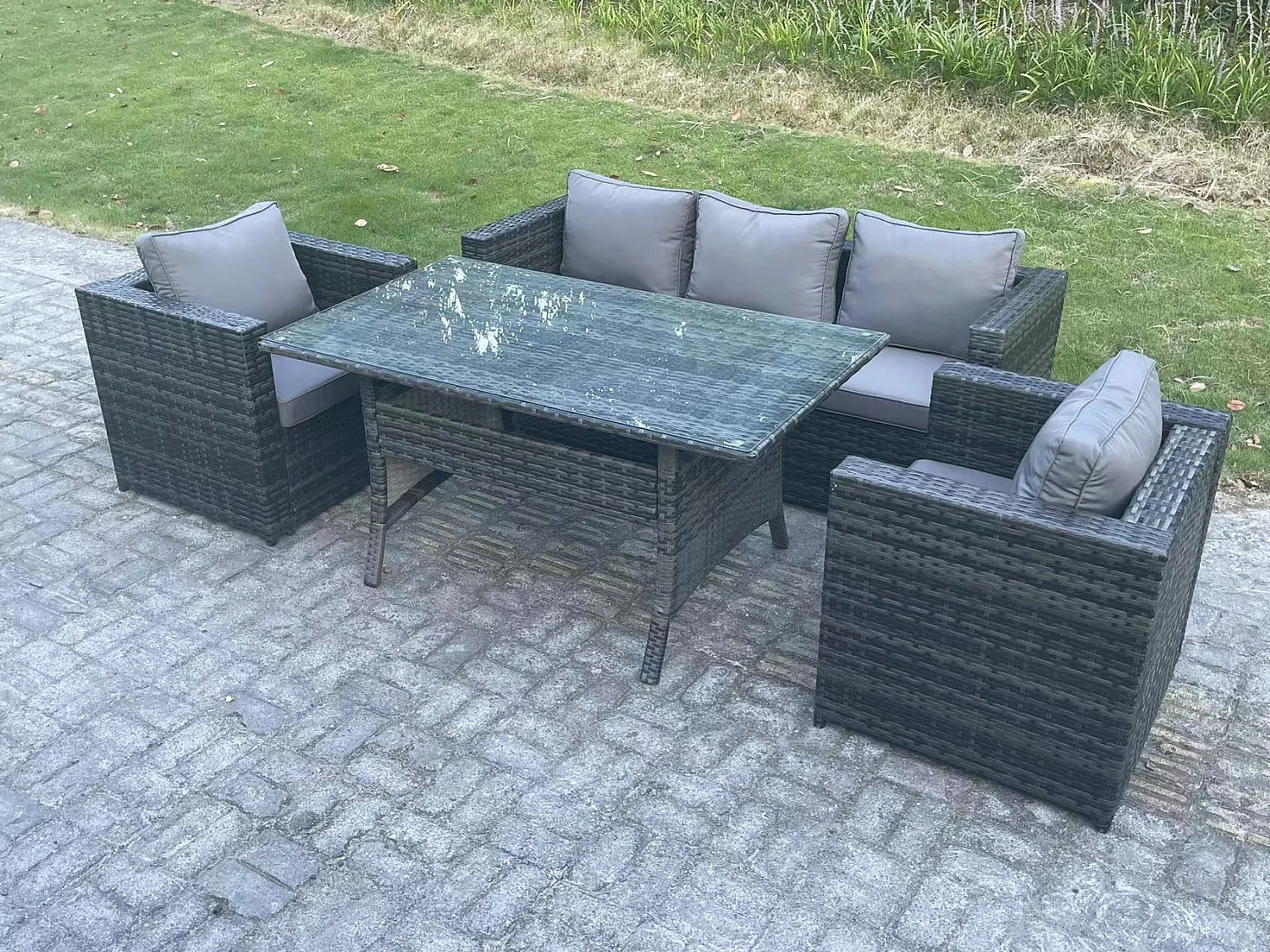 Fimous 5 Seater PE Wicker Rattan Garden Furniture Set Patio Chair and Rectangular Dining Table Set Dark Grey Mixed