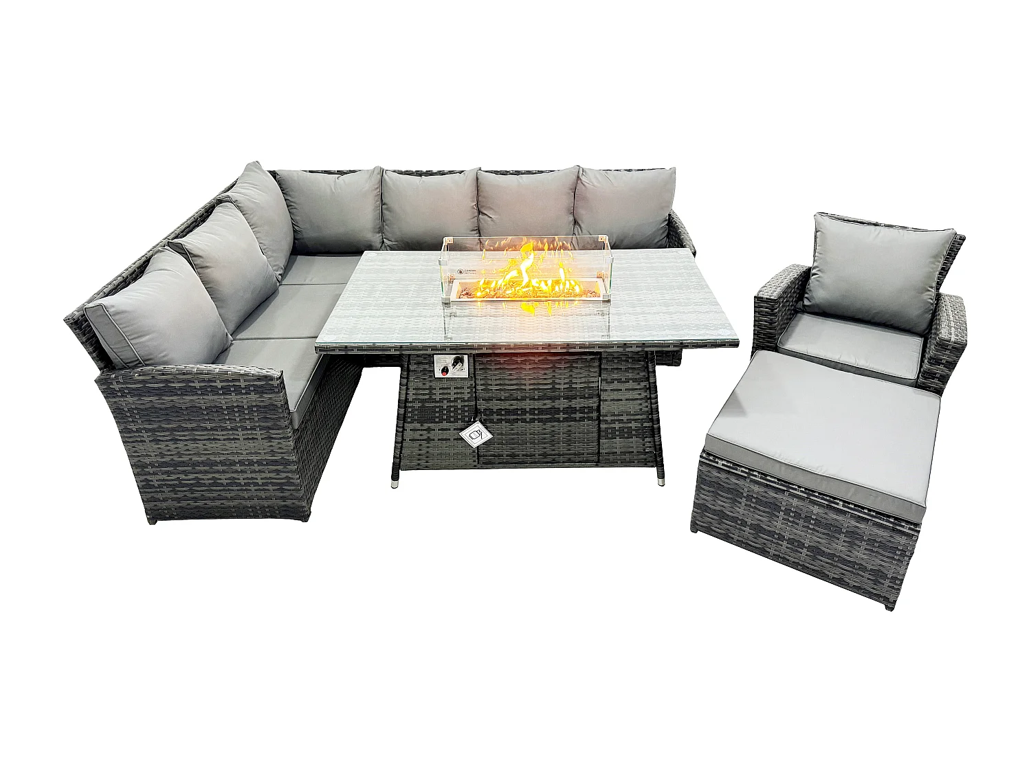 Fimous Rattan Garden Furniture High Back Corner Sofa Gas Fire Pit Dining Table Sets Gas Heater with Armchair Big Footstool 8 Seater Dark Grey Mixed
