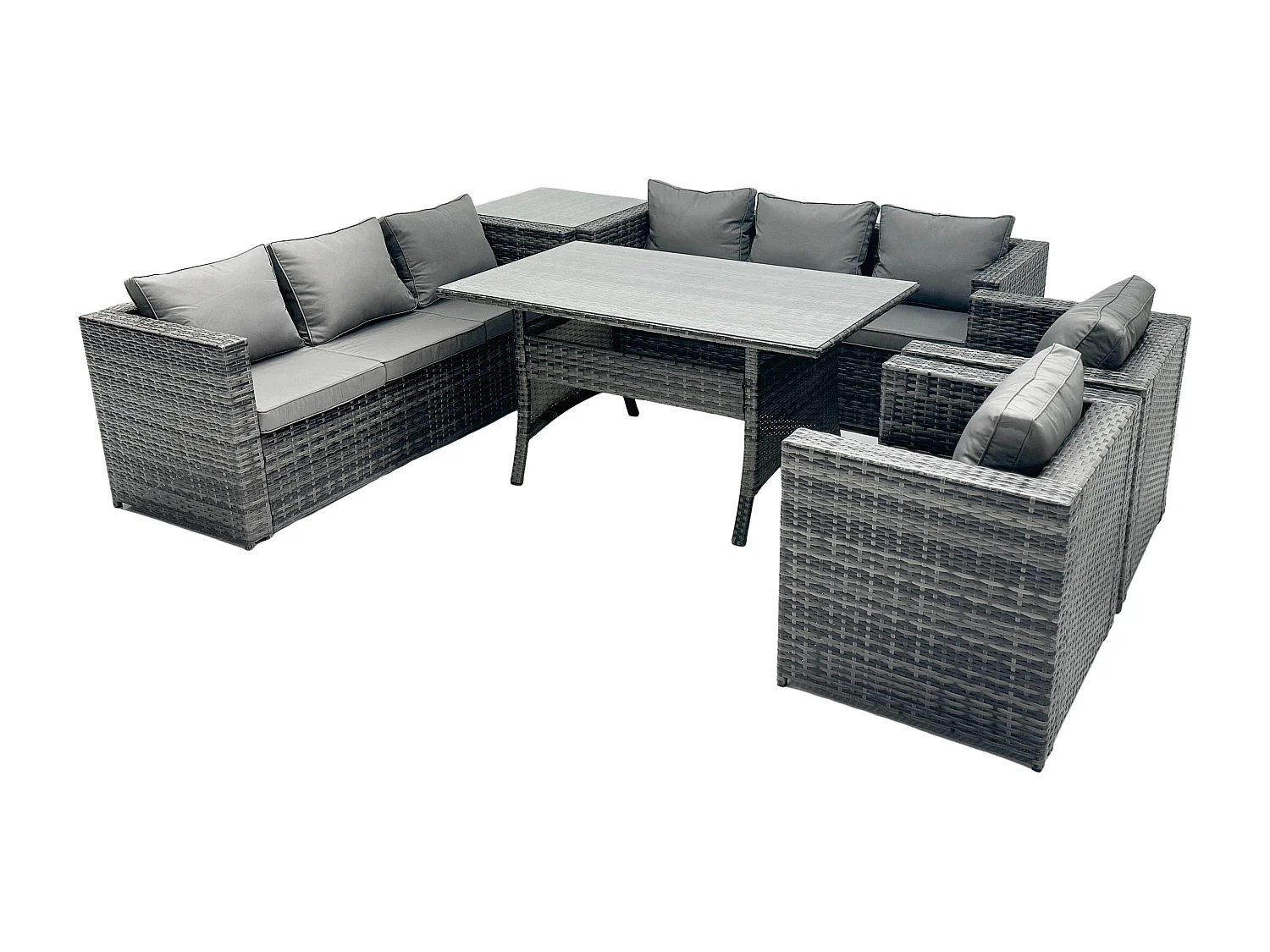 Fimous Outdoor Garden Furniture Rattan Lounge Sofa Set Patio Rectangular Dining Table with 2 Armchair Side Table 8 Seater Dark Grey Mixed