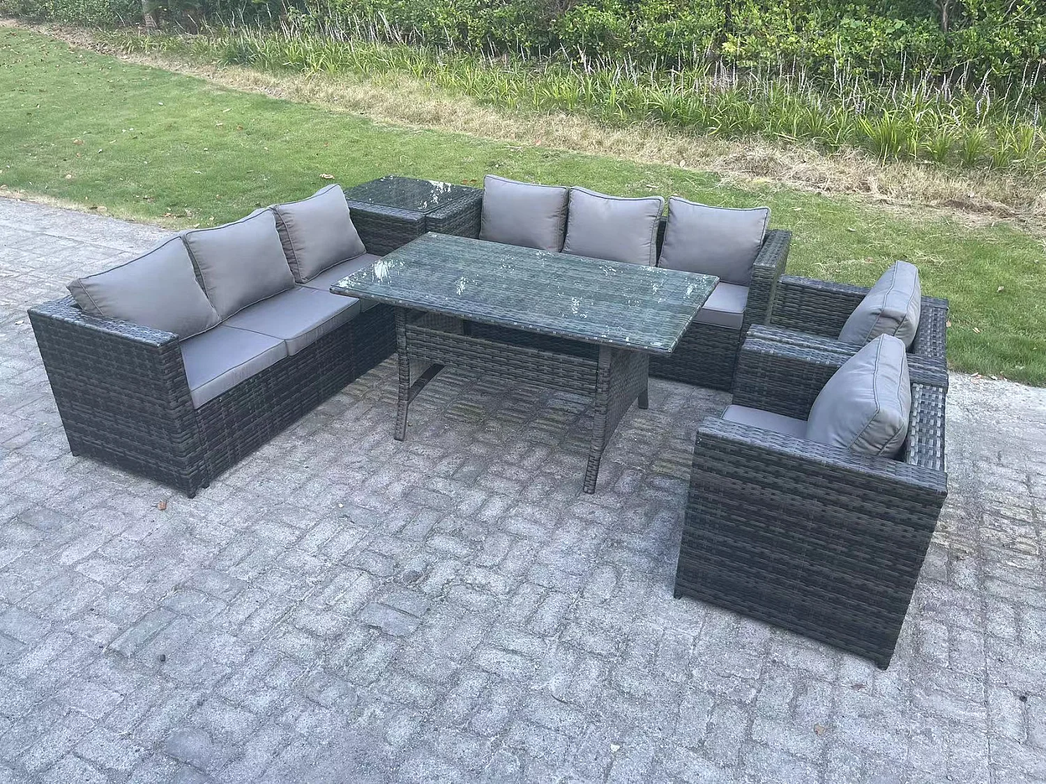 Fimous Outdoor Garden Furniture Rattan Lounge Sofa Set Patio Rectangular Dining Table with 2 Armchair Side Table 8 Seater Dark Grey Mixed