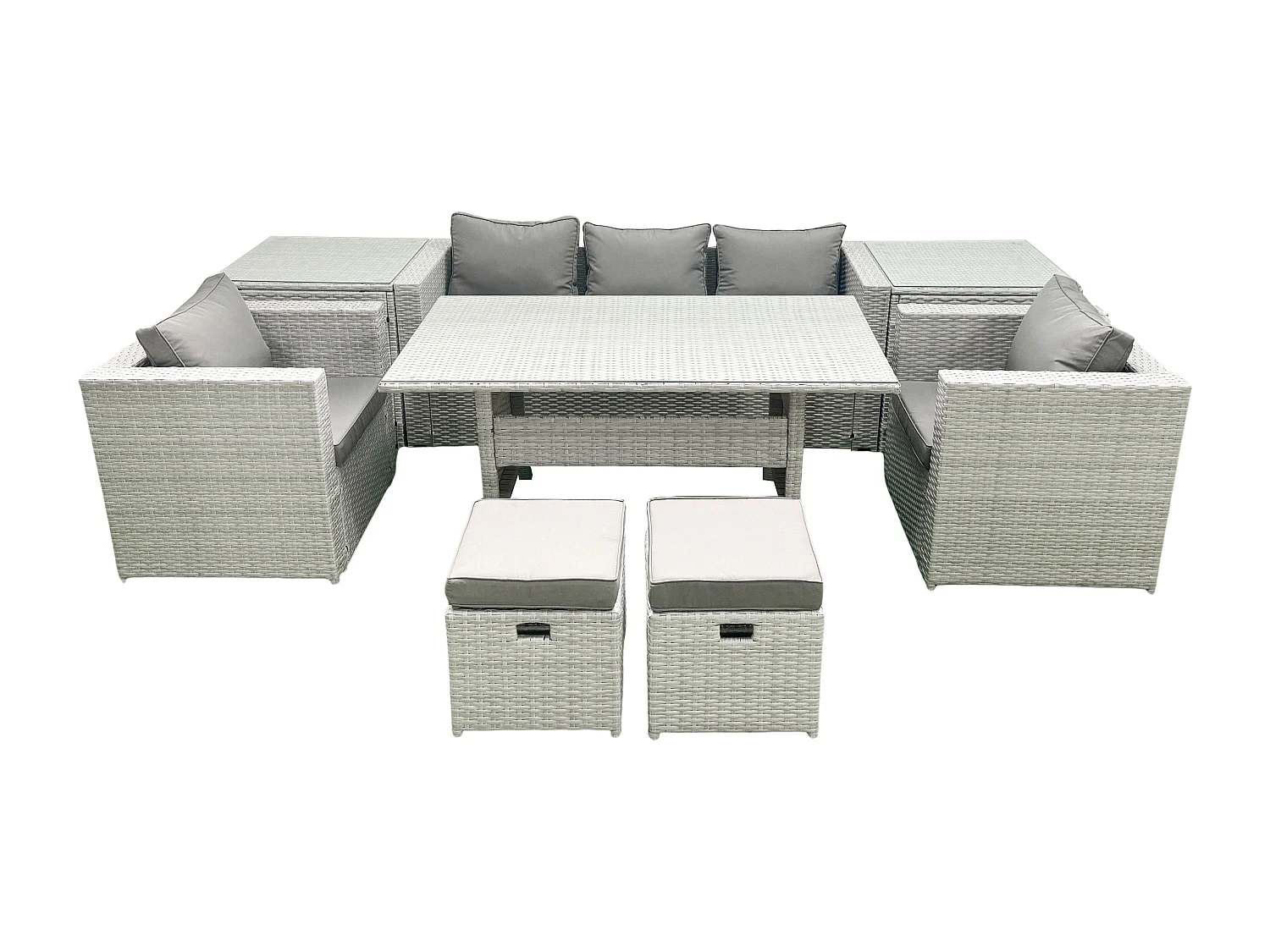 Fimous Garden Dining Set Outdoor Rattan Furniture Set with Sofa Dining Table 2 Chairs 2 Small Footstools 2 Side Tables Light Grey Mixed