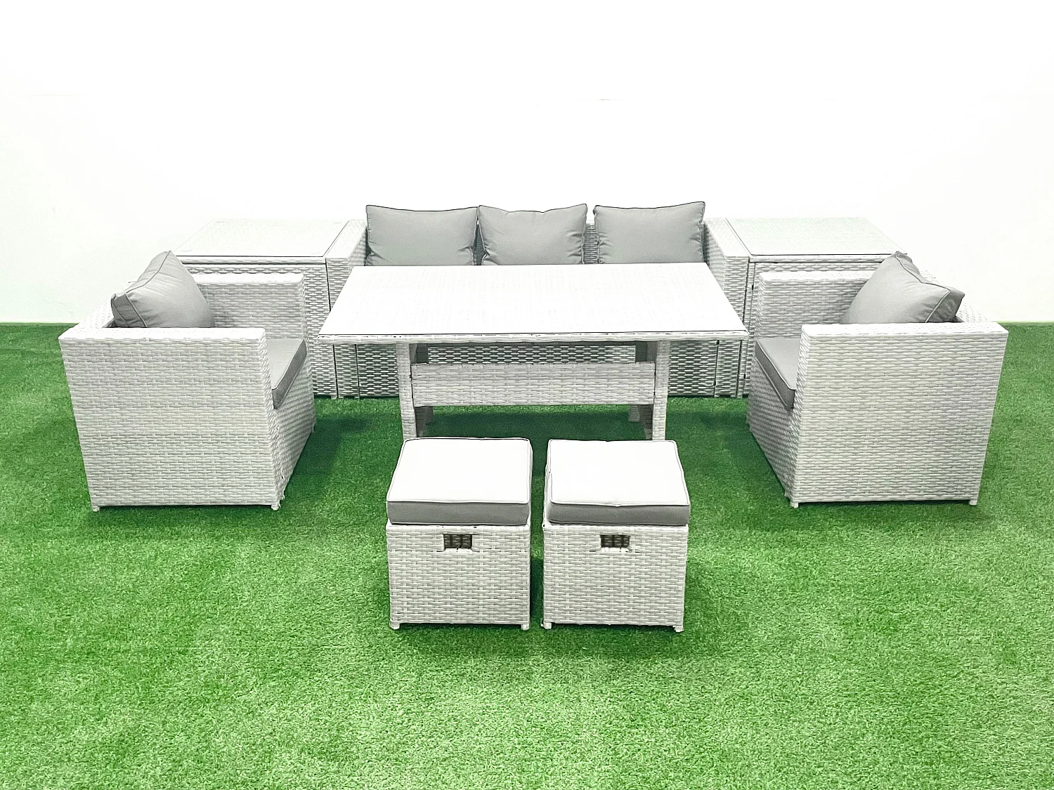 Fimous Garden Dining Set Outdoor Rattan Furniture Set with Sofa Dining Table 2 Chairs 2 Small Footstools 2 Side Tables Light Grey Mixed
