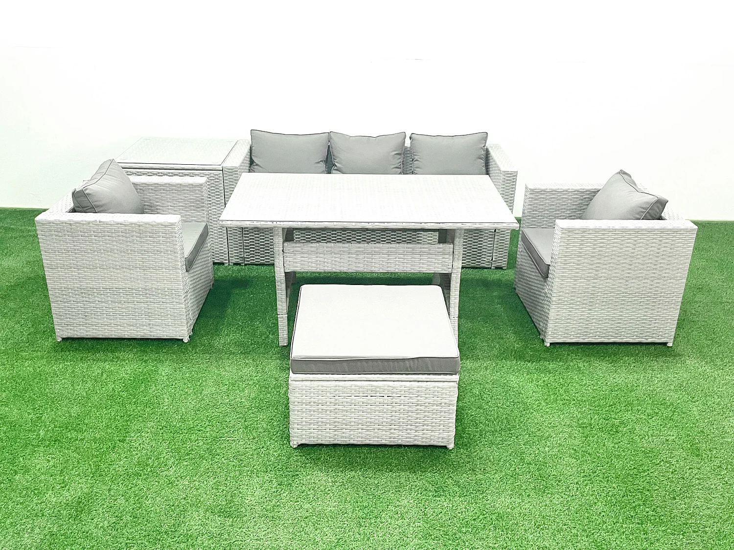 Gartenmöbel-Set aus Rattan mit Sofa Esstisch 2 Sesseln Großer Fußhocker Beistelltisch Hellgrau gemischt