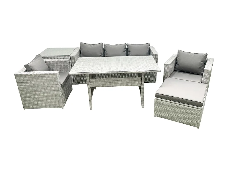 Gartenmöbel-Set aus Rattan mit Sofa Esstisch 2 Sesseln Großer Fußhocker Beistelltisch Hellgrau gemischt