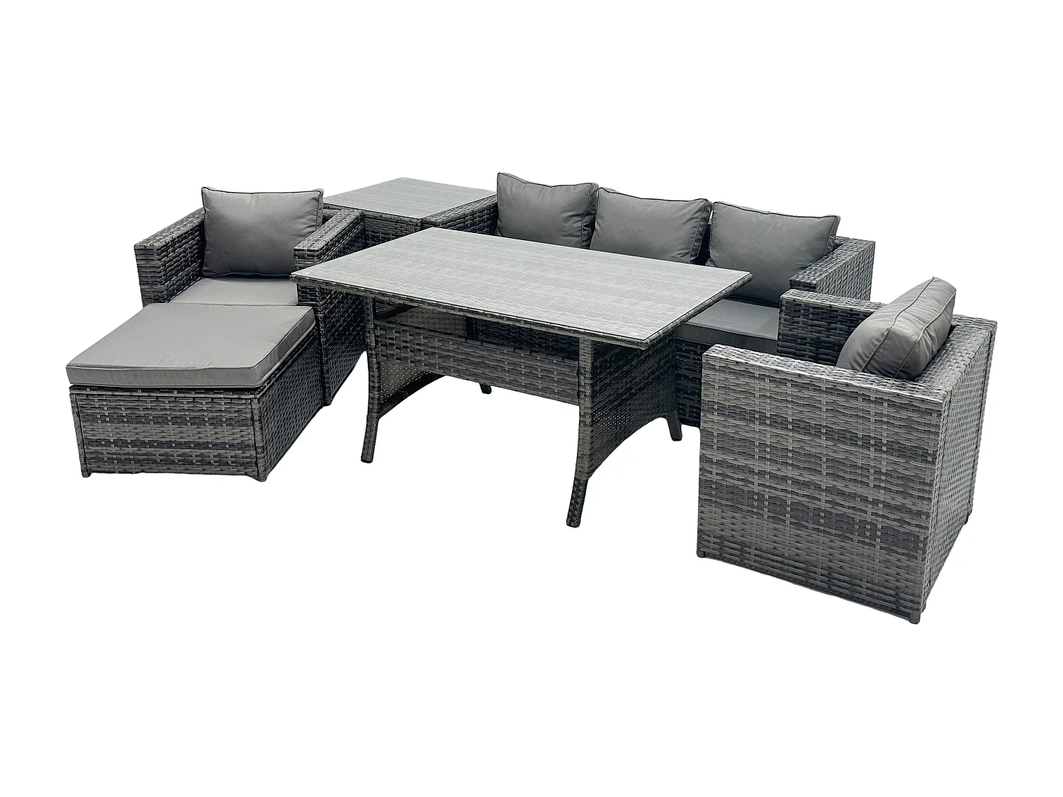 Fimous PE Wicker Rattan Garden Furniture Set Outdoor Rectangular Dining Table Lounge Sofa Chair with Side Table Stool 6 Seater