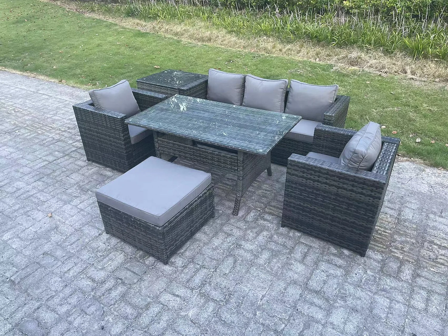 Fimous PE Wicker Rattan Garden Furniture Set Outdoor Rectangular Dining Table Lounge Sofa Chair with Side Table Stool 6 Seater