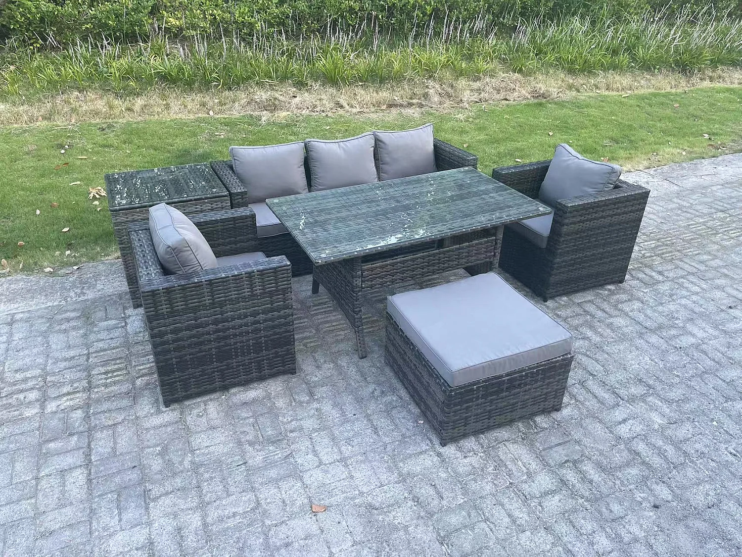 Fimous PE Wicker Rattan Garden Furniture Set Outdoor Rectangular Dining Table Lounge Sofa Chair with Side Table Stool 6 Seater