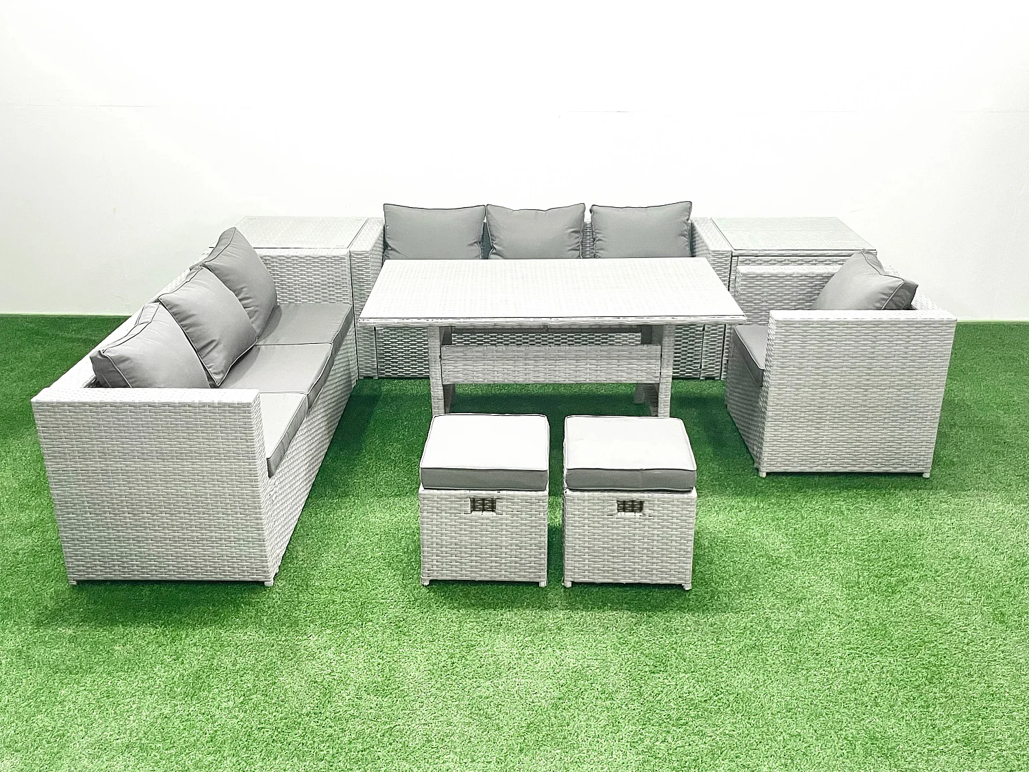 Fimous 8 Pieces Outdoor Rattan Sofa Set with Cushions Patio Garden Furniture Sets with Armchair Dining Table 2 Side Tables 2 Small Footstools