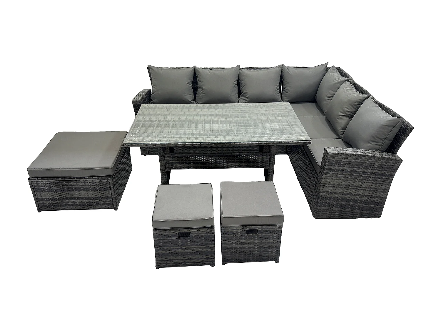 Fimous 9 Seater Garden Rattan Furniture Corner Sofa Dining Table Chair Set with 2 Small Footstools Indoor Outdoor Lounge Sofa Set