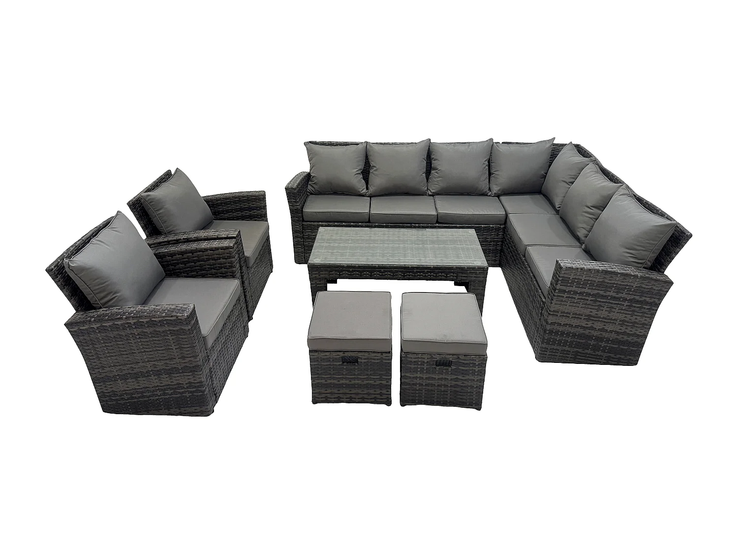 Fimous Rattan Corner Sofa Garden Furniture Set with 2 Small Footstools Rectangular Coffee Table 2 Armchairs with Cushion Dark Grey Mixed