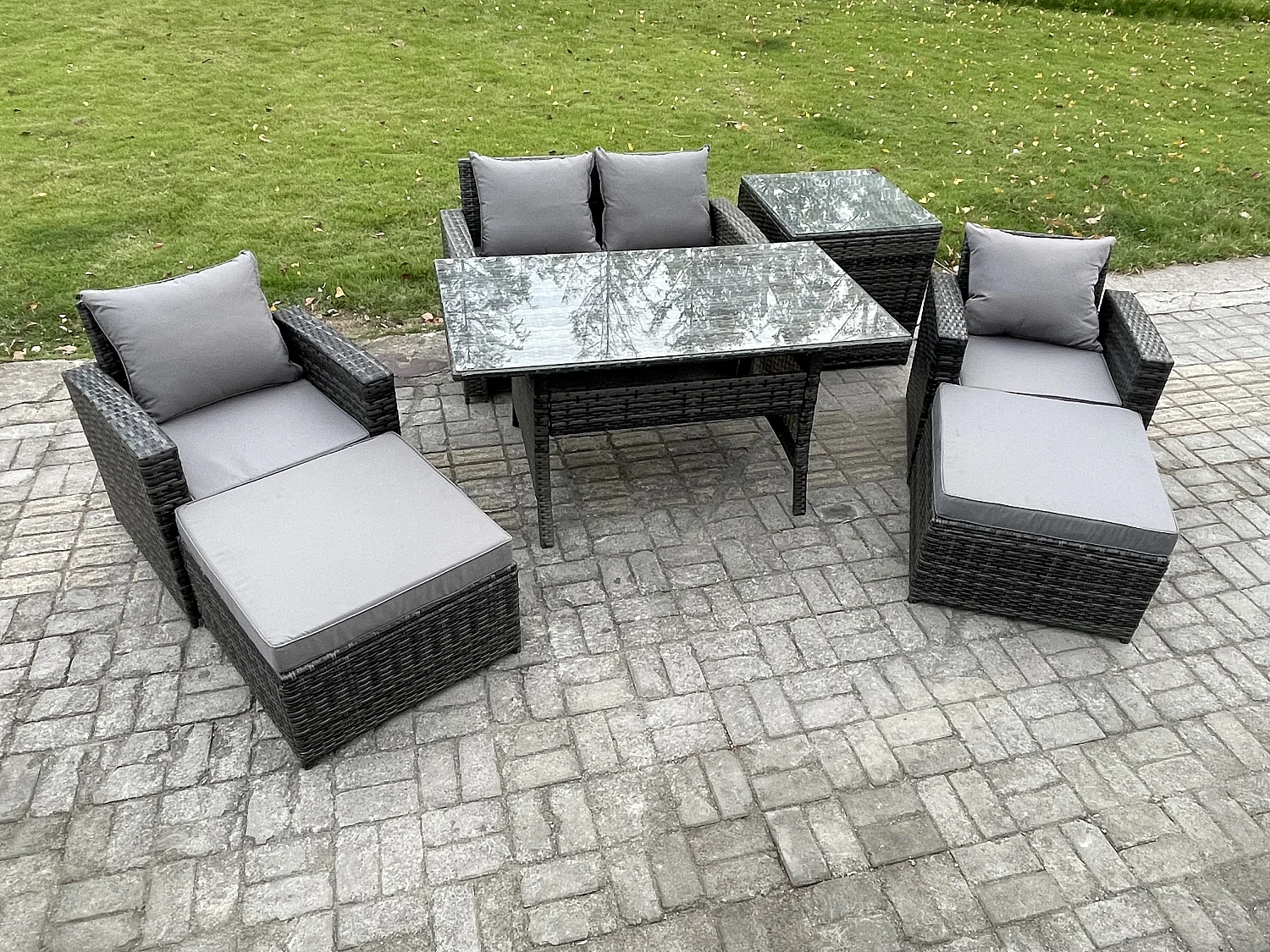 Fimous Outdoor Lounge Sofa Garden Furniture Set Rattan Rectangular Dining Table with Double Seat Sofa Armchair 2 Big Footstool Side Table 6 Seater Dark Grey Mixed