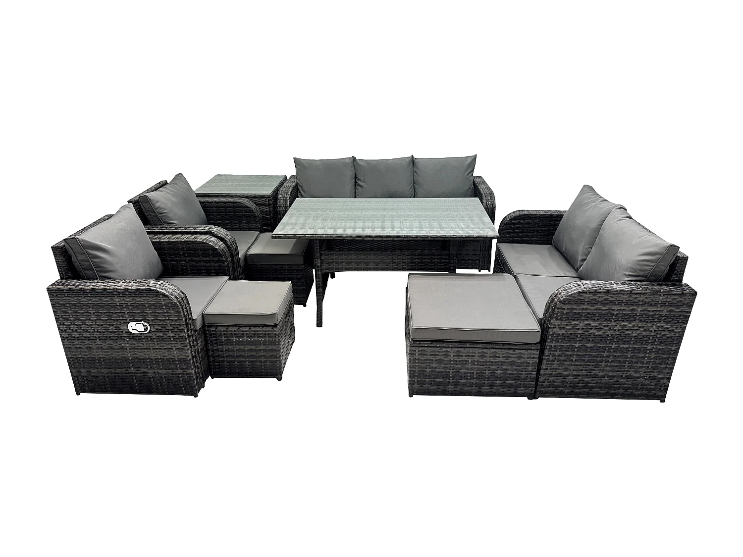 Fimous 10 Seater Garden Rattan Furniture Dining Table Sofa Set Indoor Outdoor with 2 Reclining Chairs Side Table 3 Footstools Dark Grey Mixed