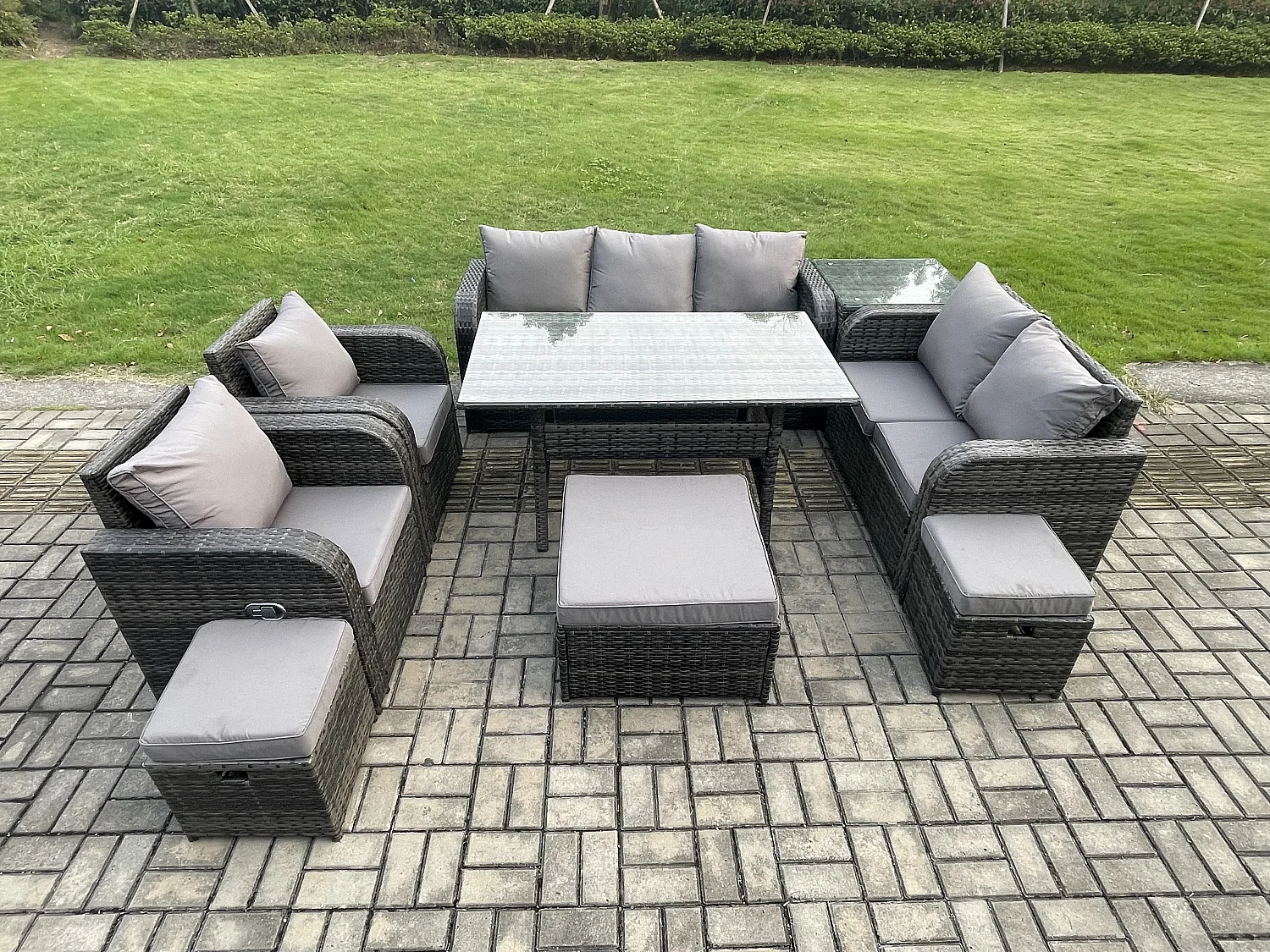 Fimous 10 Seater Garden Rattan Furniture Dining Table Sofa Set Indoor Outdoor with 2 Reclining Chairs Side Table 3 Footstools Dark Grey Mixed