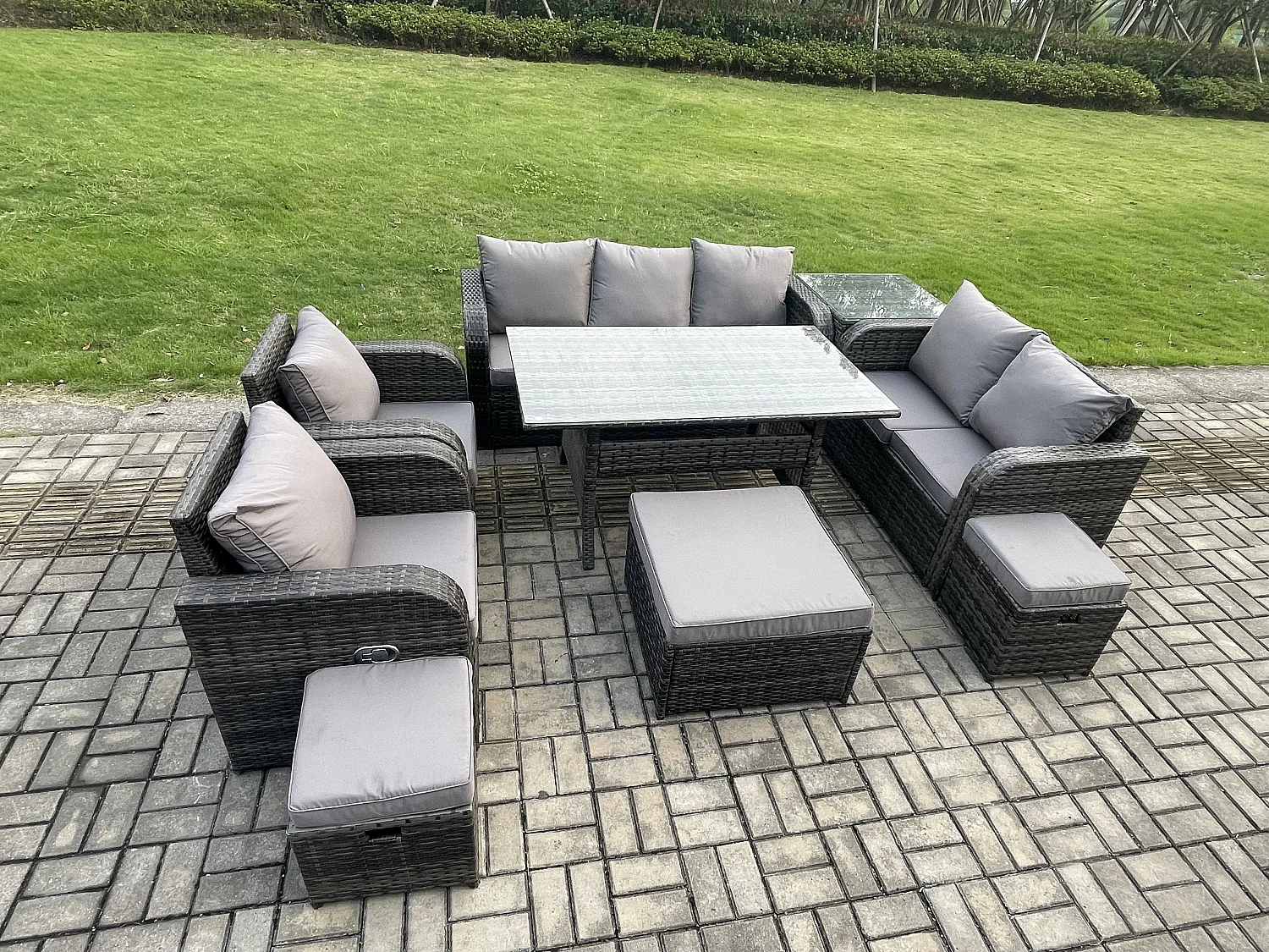 Fimous 10 Seater Garden Rattan Furniture Dining Table Sofa Set Indoor Outdoor with 2 Reclining Chairs Side Table 3 Footstools Dark Grey Mixed
