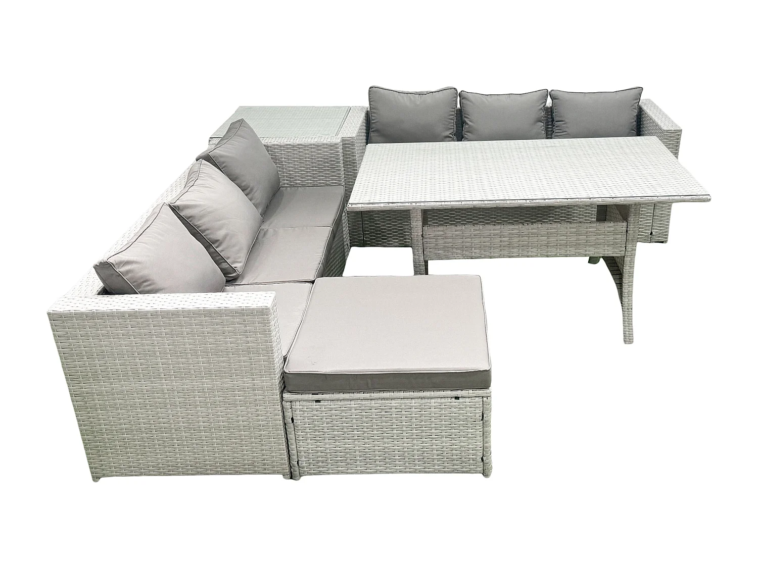 Fimous Rattan Garden Furniture Set 7 Seater Outdoor Sofa Set with Dining Table Side Table Big Footstool Light Grey Mixed