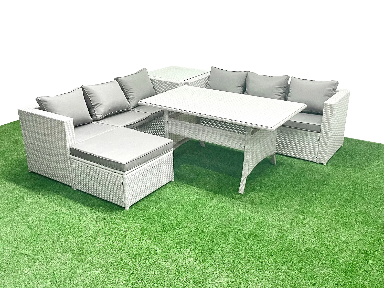 Fimous Rattan Garden Furniture Set 7 Seater Outdoor Sofa Set with Dining Table Side Table Big Footstool Light Grey Mixed