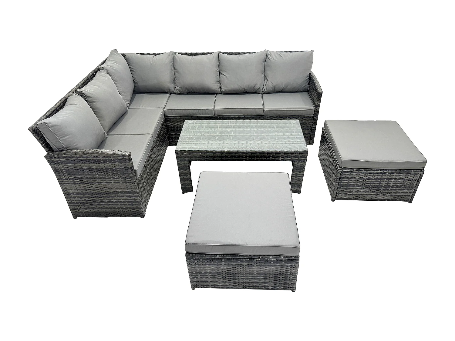 Fimous Rattan Garden Furniture Sets High Back Corner Sofa Oblong Coffee Table Set with 2 Big Footstool Dark Grey Mixed