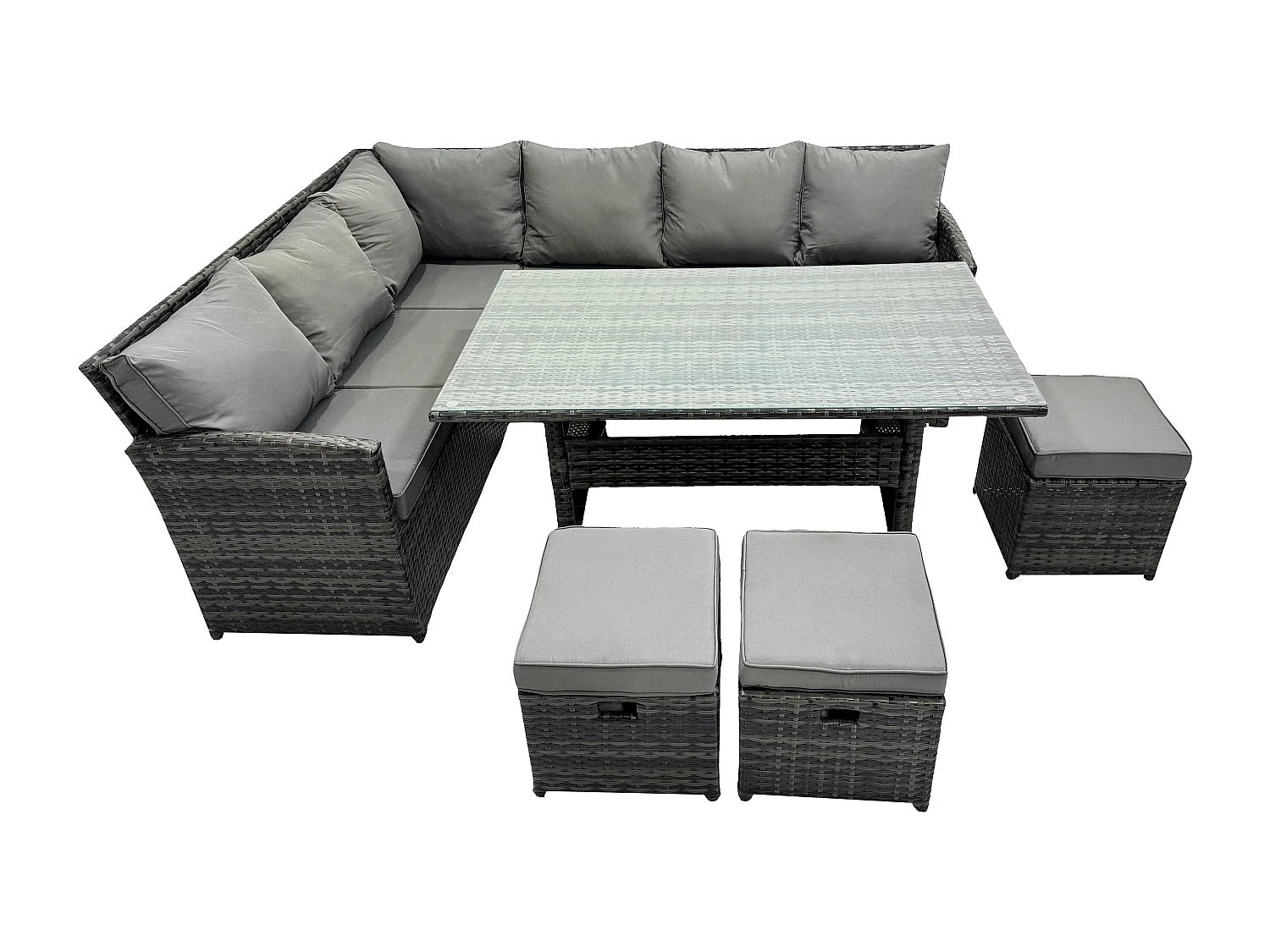 High Back Dark Mixed Grey Rattan Corner Sofa Set Outdoor Furniture Rectangular Dining Table 3 Small Footstools 9 Seater