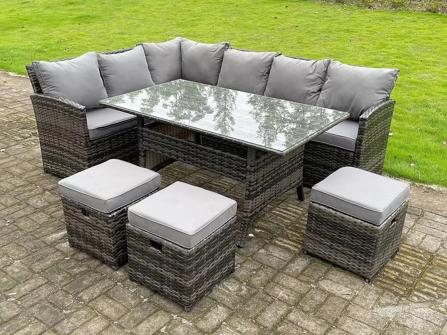 High Back Dark Mixed Grey Rattan Corner Sofa Set Outdoor Furniture Rectangular Dining Table 3 Small Footstools 9 Seater