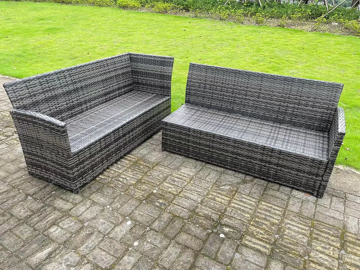 High Back Dark Mixed Grey Rattan Corner Sofa Set Outdoor Furniture Rectangular Dining Table 3 Small Footstools 9 Seater