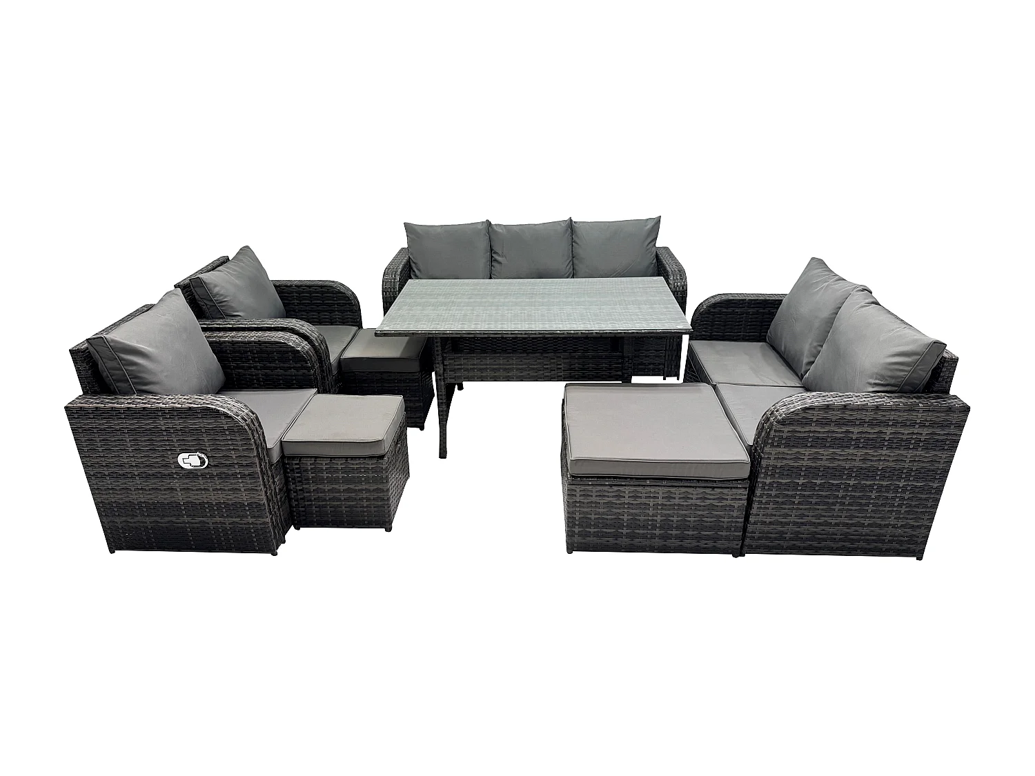 Fimous Dark Grey PE Wicker Rattan Garden Furniture Set Reclining Chair Love Sofa 2 Seater Sofa Set Outdoor Rectangular Dining Table 3 Footstools 10 Seater