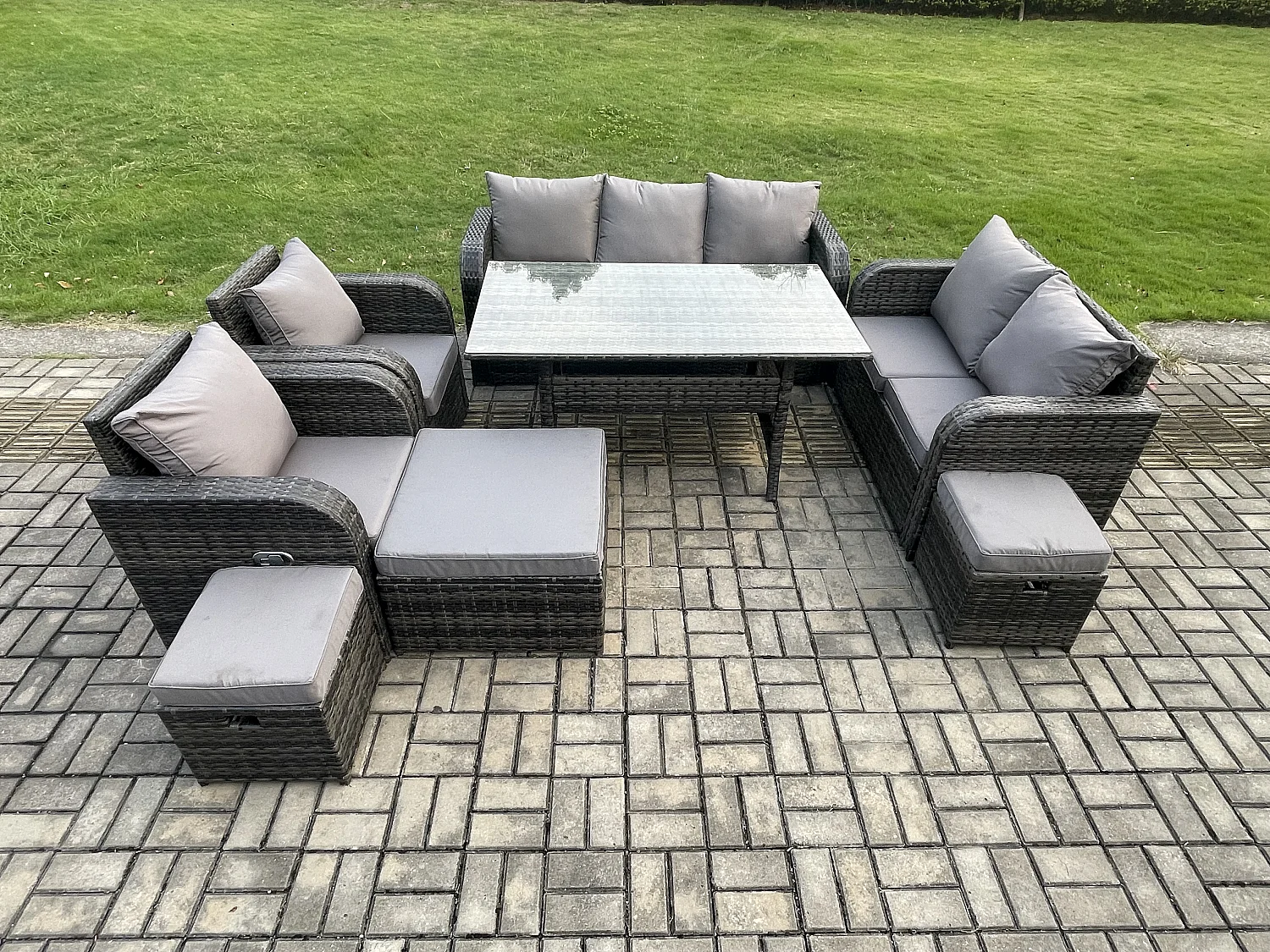 Fimous Dark Grey PE Wicker Rattan Garden Furniture Set Reclining Chair Love Sofa 2 Seater Sofa Set Outdoor Rectangular Dining Table 3 Footstools 10 Seater