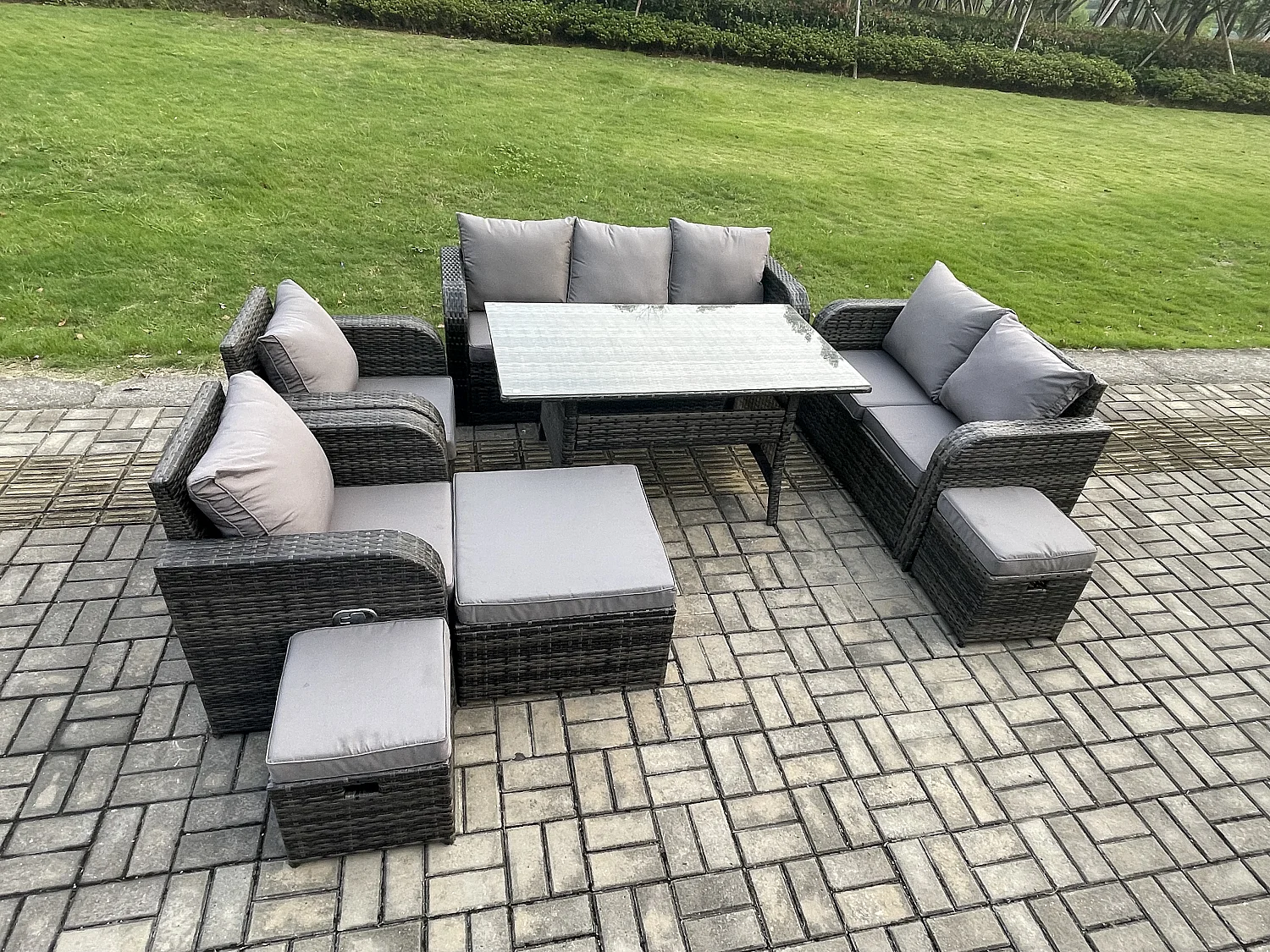 Fimous Dark Grey PE Wicker Rattan Garden Furniture Set Reclining Chair Love Sofa 2 Seater Sofa Set Outdoor Rectangular Dining Table 3 Footstools 10 Seater