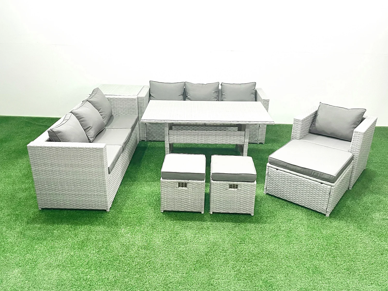 Fimous 8 Pieces Outdoor Rattan Sofa Set with Cushions Patio Garden Furniture Sets with Armchair Dining Table Side Table 3 Footstools