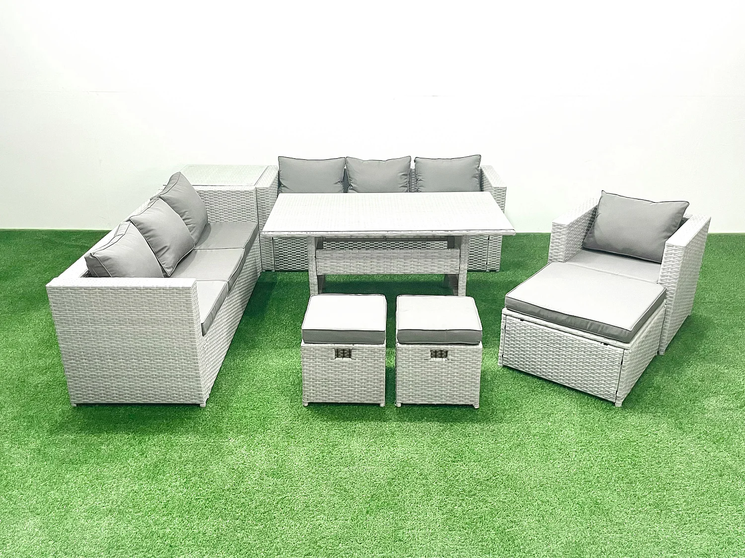 Fimous 8 Pieces Outdoor Rattan Sofa Set with Cushions Patio Garden Furniture Sets with Armchair Dining Table Side Table 3 Footstools
