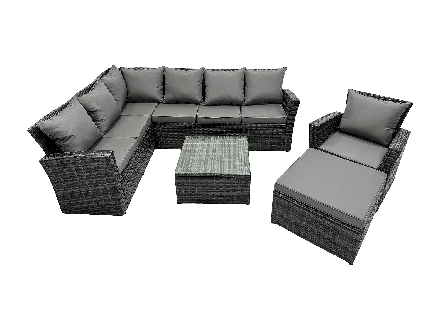 Fimous Rattan Garden Furniture Set Outdoor Lounge Corner Sofa Set With Square Coffee Table Big Footstool Armchair 8 Seater Dark Grey Mixed