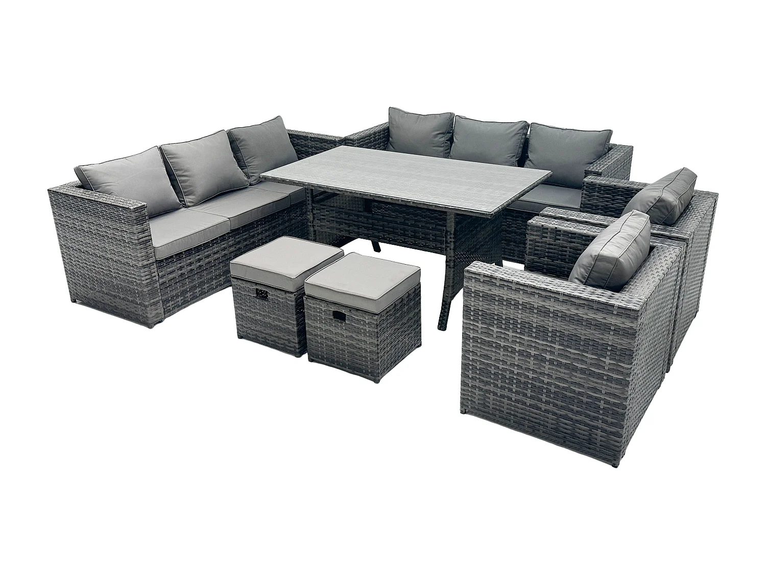 Fimous Outdoor Lounge Sofa Garden Furniture Set Patio Rattan Rectangular Dining Table with 2 Armchair 2 Small Footstools 10 Seater Dark Grey Mixed