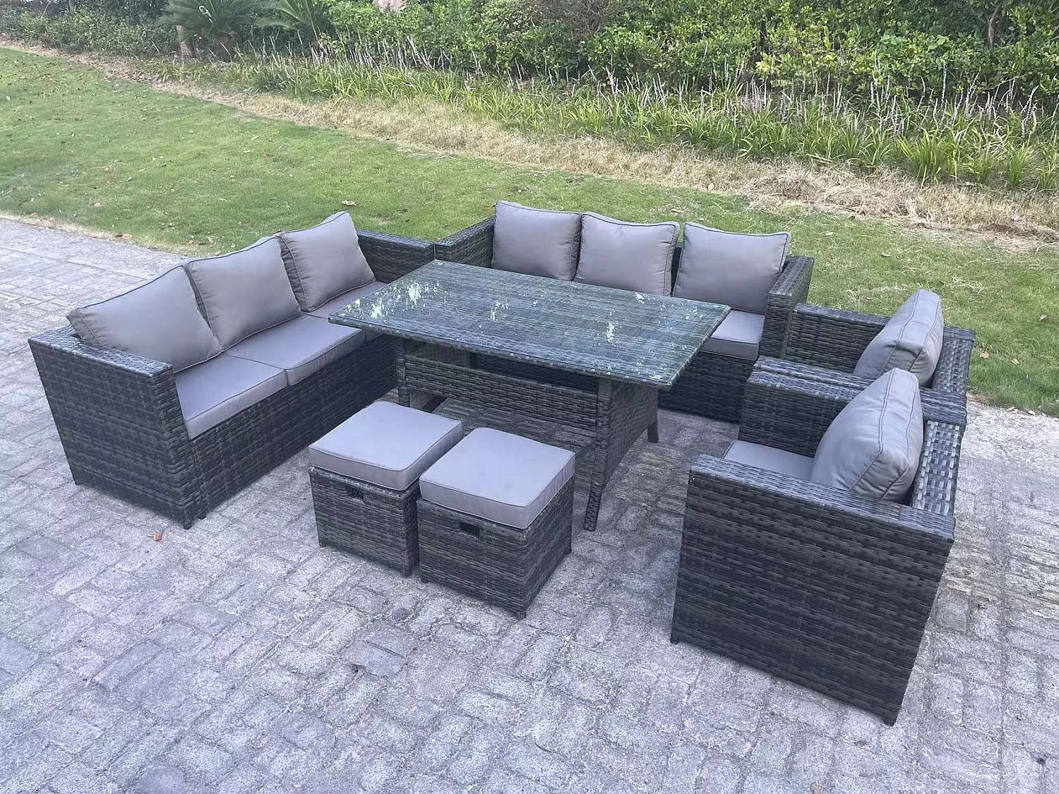 Fimous Outdoor Lounge Sofa Garden Furniture Set Patio Rattan Rectangular Dining Table with 2 Armchair 2 Small Footstools 10 Seater Dark Grey Mixed