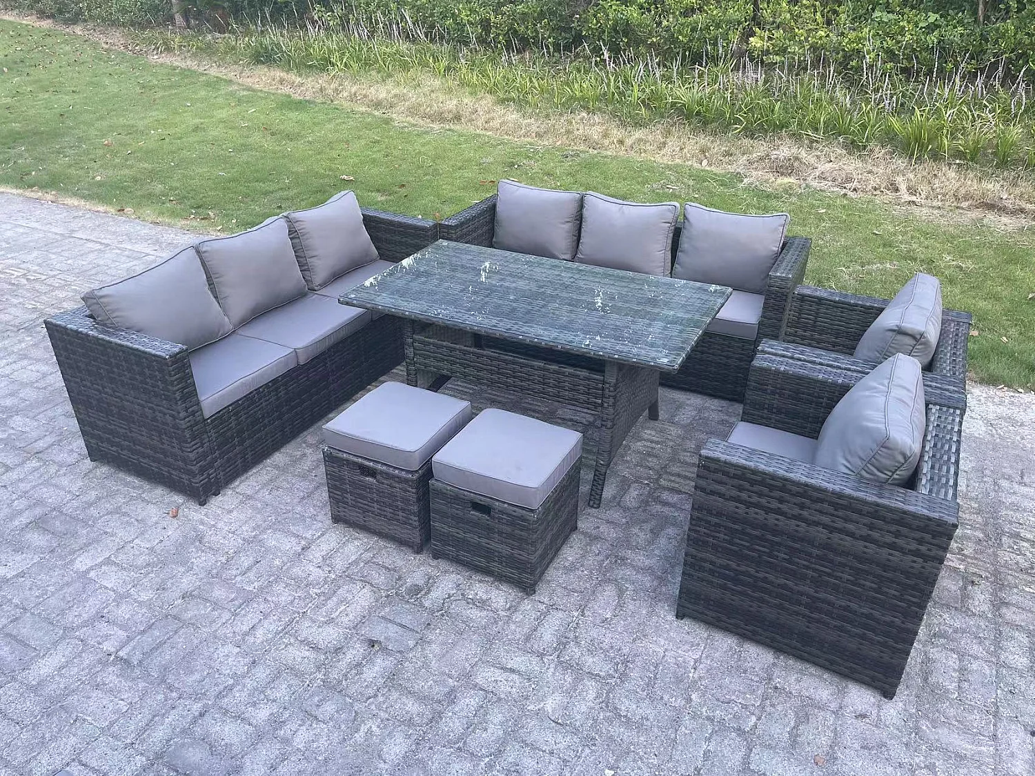 Fimous Outdoor Lounge Sofa Garden Furniture Set Patio Rattan Rectangular Dining Table with 2 Armchair 2 Small Footstools 10 Seater Dark Grey Mixed
