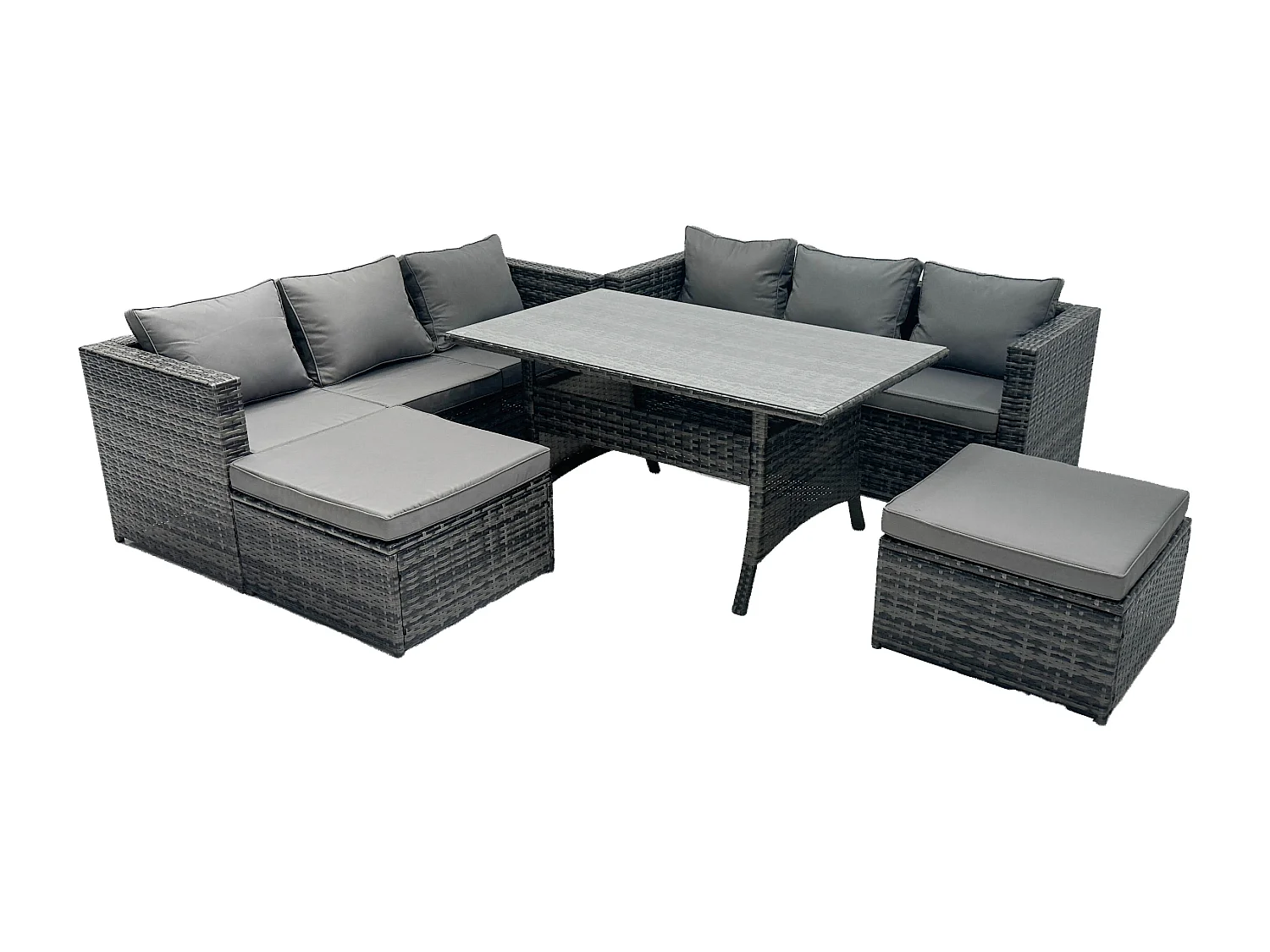 Fimous 8 Seater Outdoor Lounge Sofa Garden Furniture Set Patio Rattan Rectangular Dining Table with 2 Big Footstool Dark Grey Mixed