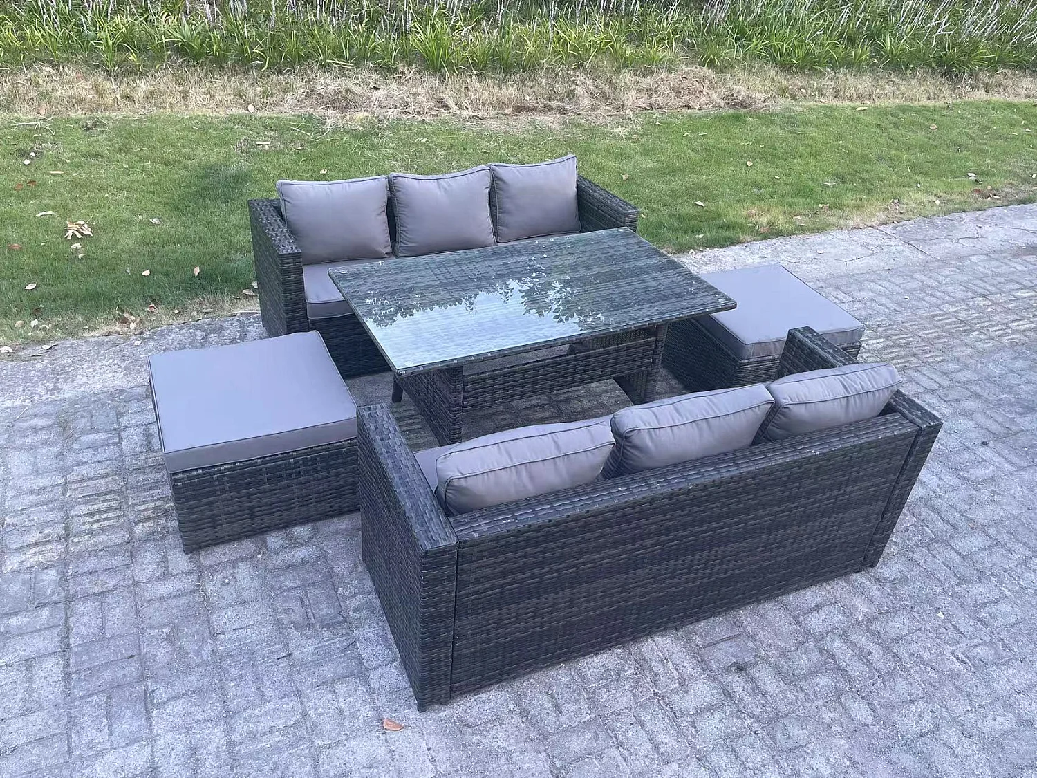 Fimous 8 Seater Outdoor Lounge Sofa Garden Furniture Set Patio Rattan Rectangular Dining Table with 2 Big Footstool Dark Grey Mixed