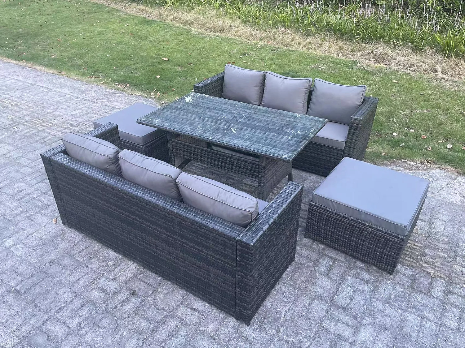 Fimous 8 Seater Outdoor Lounge Sofa Garden Furniture Set Patio Rattan Rectangular Dining Table with 2 Big Footstool Dark Grey Mixed