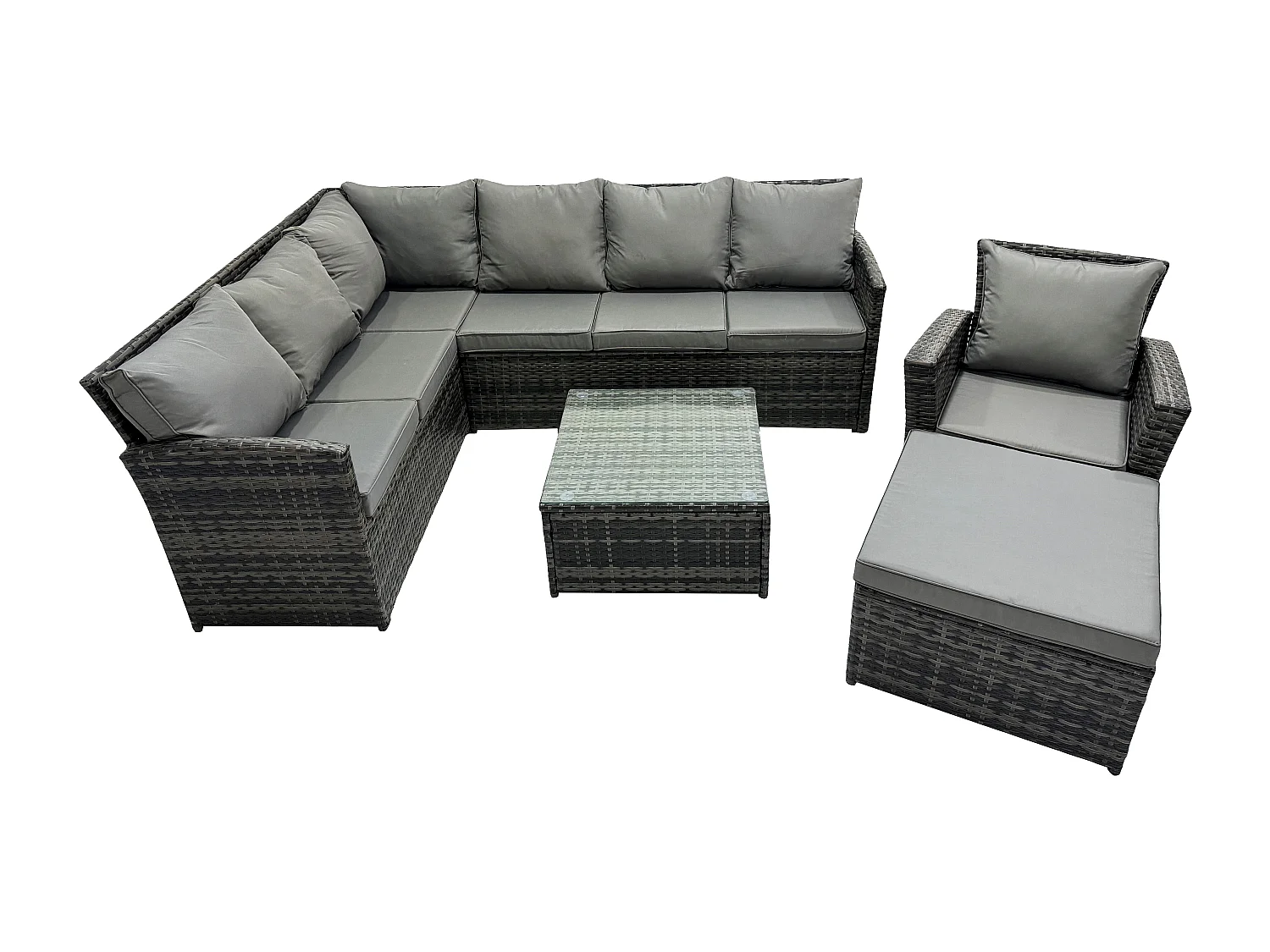 8 Sitzer Rattan Gartenmöbel Set Ecksofa Set aus Polyrattan mit Quadratischer Couchtisch Großer Fußhocker Sesseln Dunkelgrau gemischt