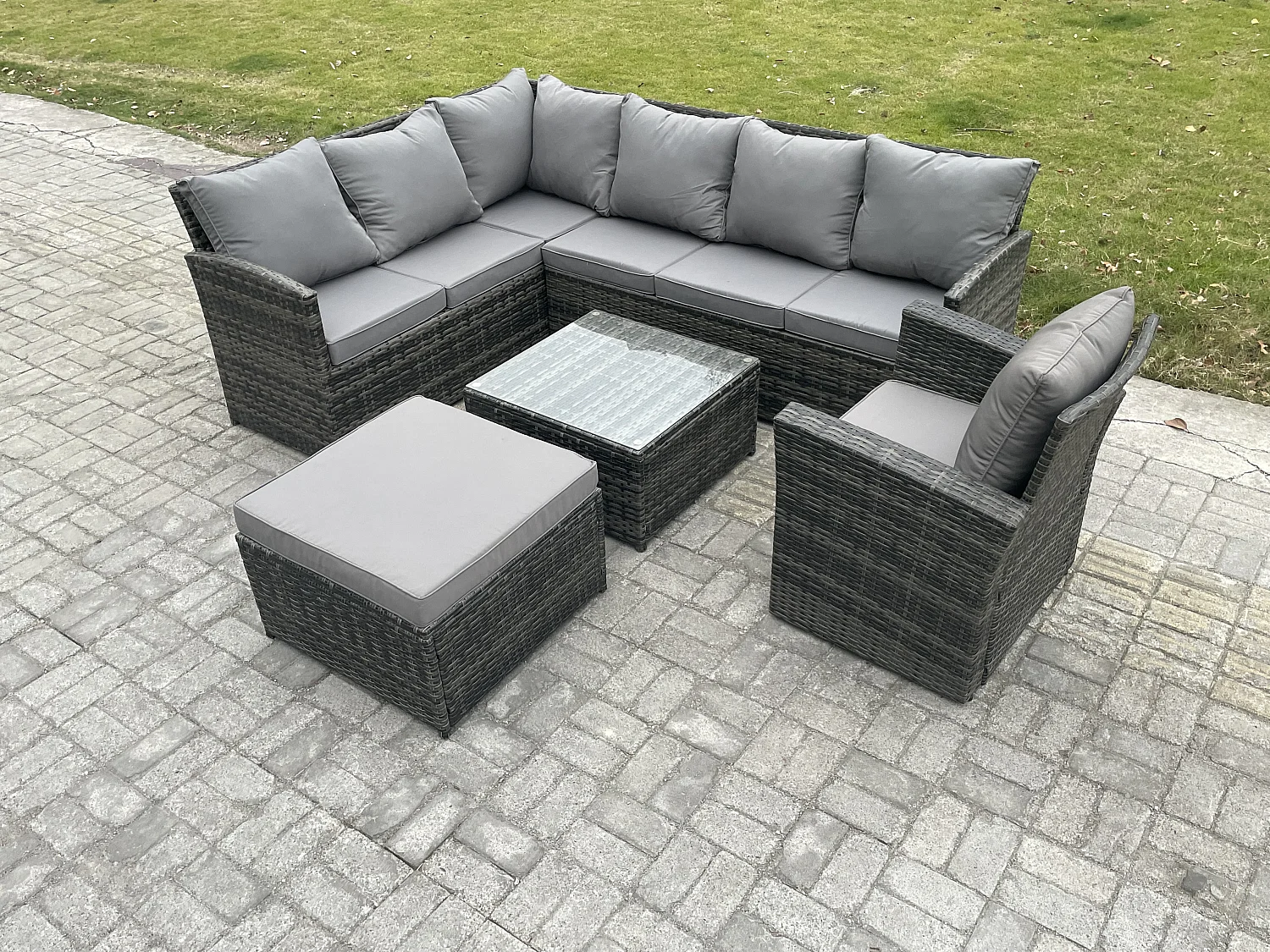 8 Sitzer Rattan Gartenmöbel Set Ecksofa Set aus Polyrattan mit Quadratischer Couchtisch Großer Fußhocker Sesseln Dunkelgrau gemischt