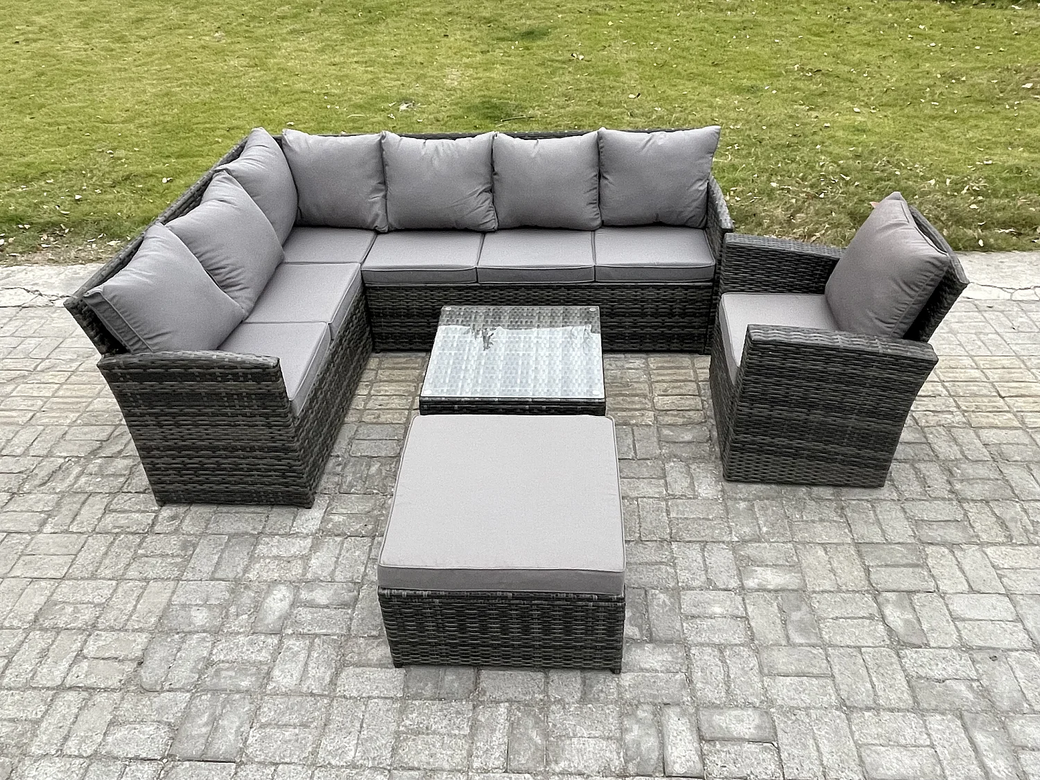 8 Sitzer Rattan Gartenmöbel Set Ecksofa Set aus Polyrattan mit Quadratischer Couchtisch Großer Fußhocker Sesseln Dunkelgrau gemischt