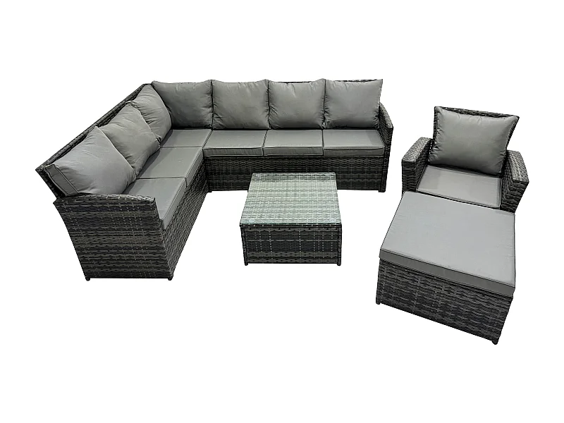 8 Sitzer Rattan Gartenmöbel Set Ecksofa Set aus Polyrattan mit Quadratischer Couchtisch Großer Fußhocker Sesseln Dunkelgrau gemischt