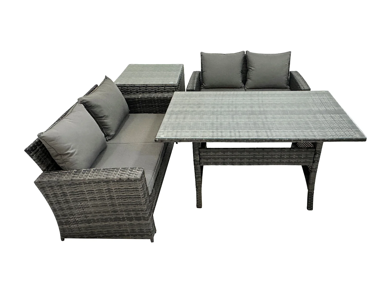 Fimous Dark Grey PE Wicker Rattan Garden Furniture Set Love Sofa Outdoor Rectangular Dining Table Side Table