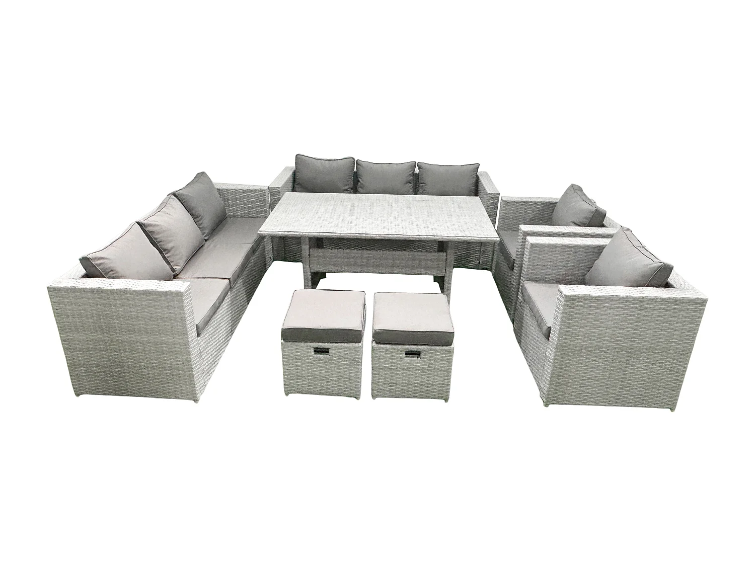 Fimous Rattan Garden Furniture Set Outdoor 8 Seater Patio Dinin g Sofa Sets with Dining Table 2 Chairs 2 Small Footstools Light Grey Mixed