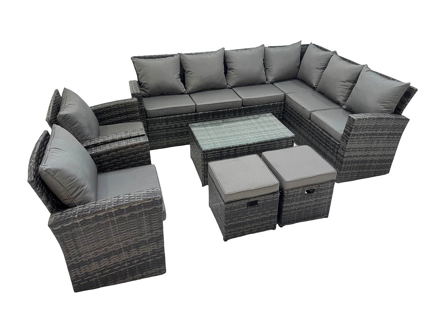 Fimous 10 Seater High Back Outdoor Garden Furniture Set Rattan Corner Sofa Set With Rectangular Coffee Table 2 Small Footstools Armchairs Dark Grey Mixed