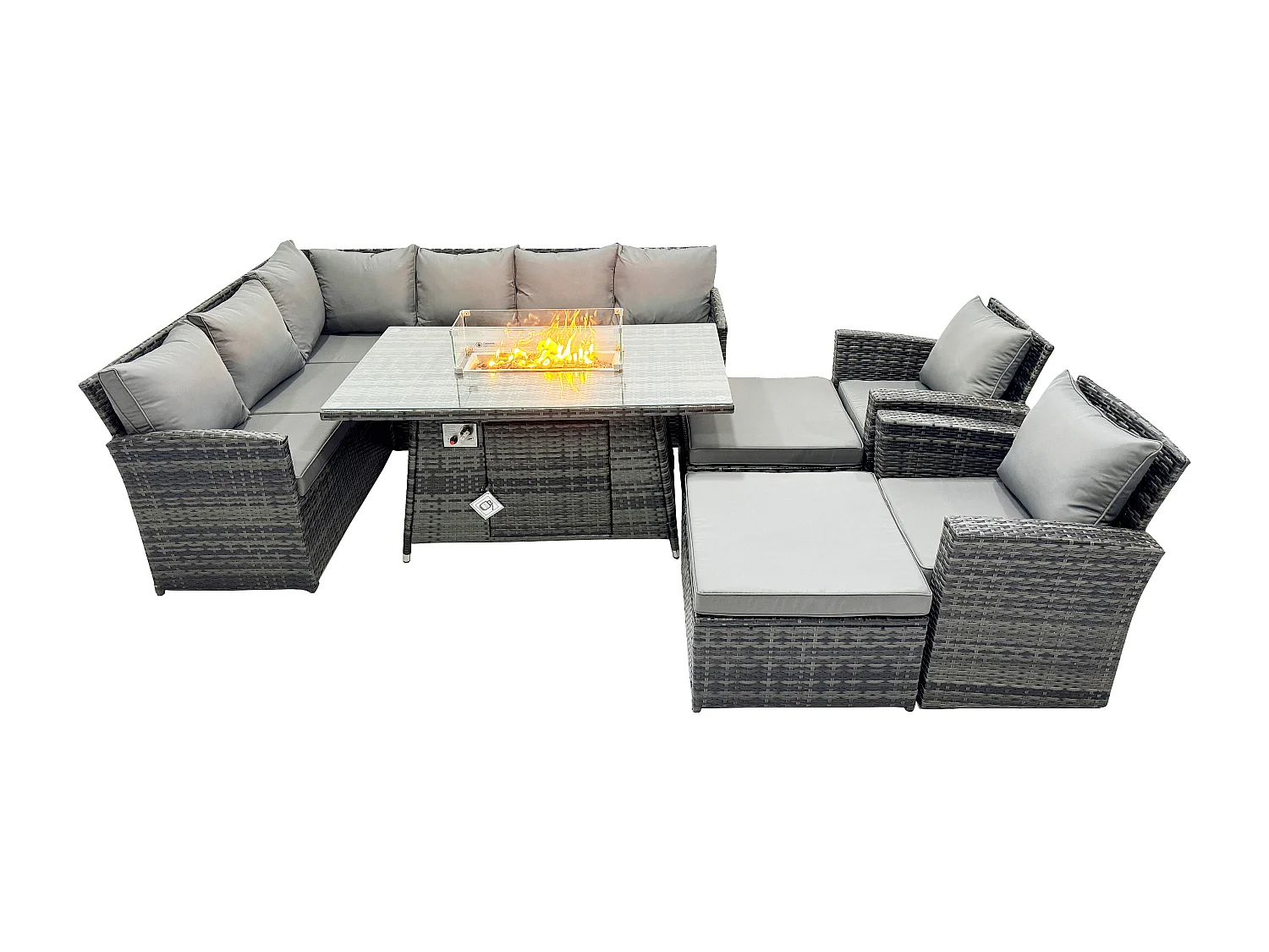 Fimous 10 Seater Outdoor Rattan Garden Furniture Set Corner Sofa Gas Fire Pit Dining Table Sets Gas Heater with 2 Big Footstool 2 Armchair Dark Grey Mixed