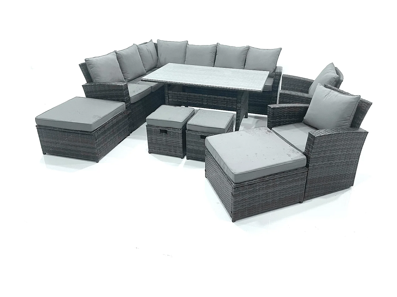 Fimous Outdoor Furniture Garden Dining Set Rattan Corner Sofa Set with 4 Footstools 2 Armchairs Dark Grey Mixed