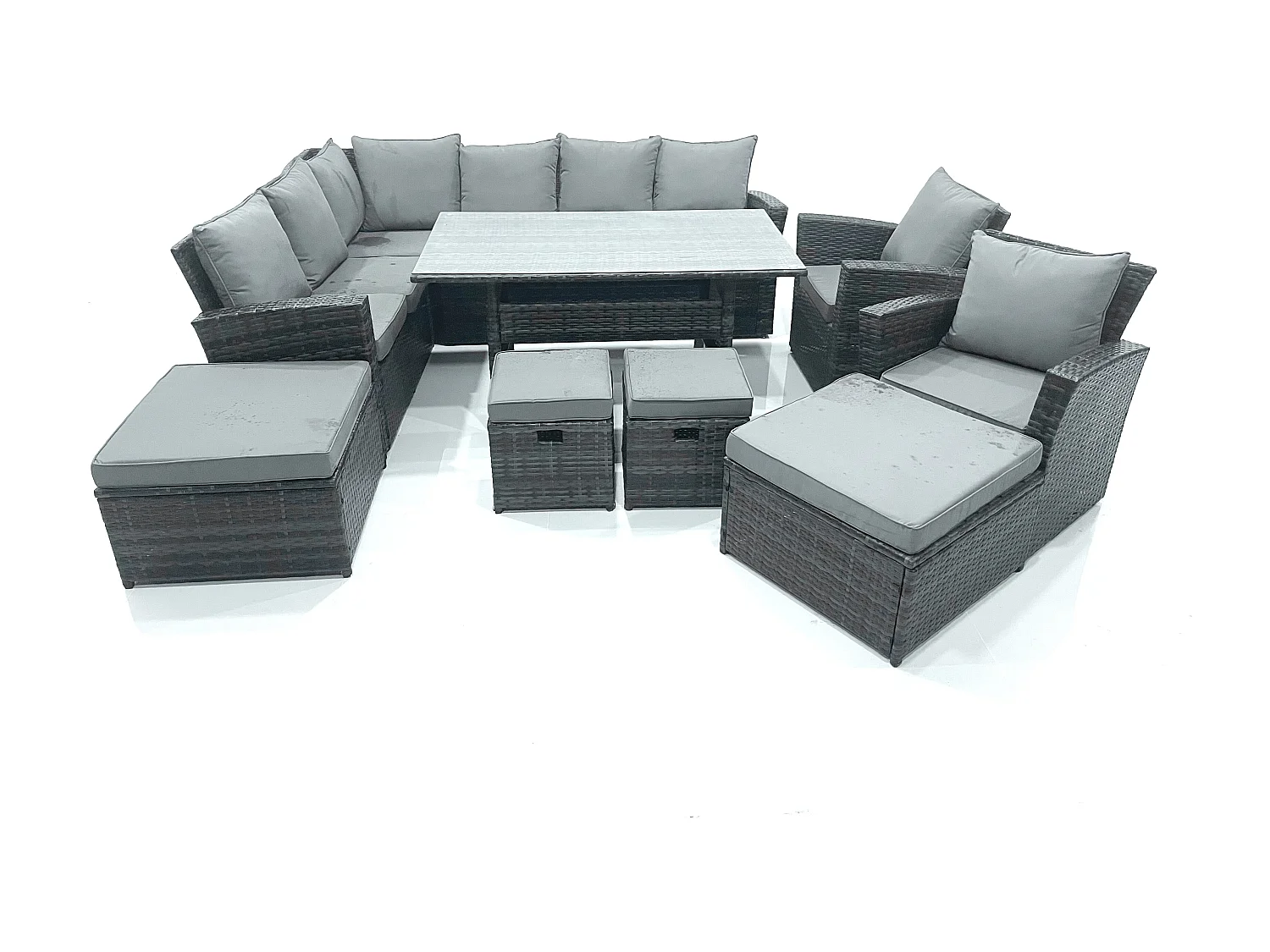 Fimous Outdoor Furniture Garden Dining Set Rattan Corner Sofa Set with 4 Footstools 2 Armchairs Dark Grey Mixed