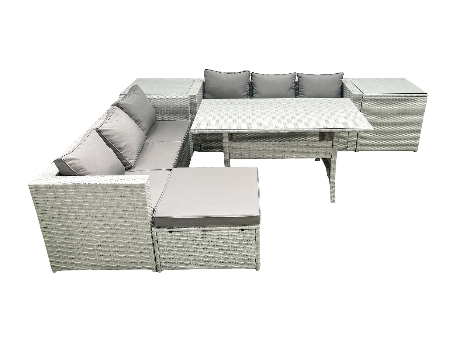 Fimous Rattan Garden Furniture Set 7 Seater Outdoor Sofa Set with Dining Table 2 Side Tables Big Footstool Light Grey Mixed