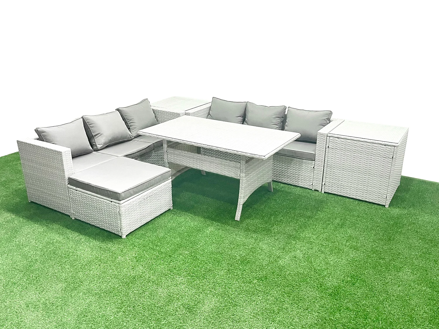 Fimous Rattan Garden Furniture Set 7 Seater Outdoor Sofa Set with Dining Table 2 Side Tables Big Footstool Light Grey Mixed