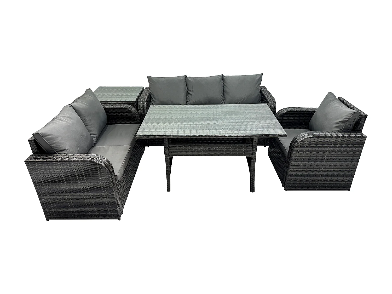 Fimous 6 Seater Garden Rattan Furniture Dining Table Sofa Set Indoor Outdoor with Reclining Chairs Side Table Dark Grey Mixed